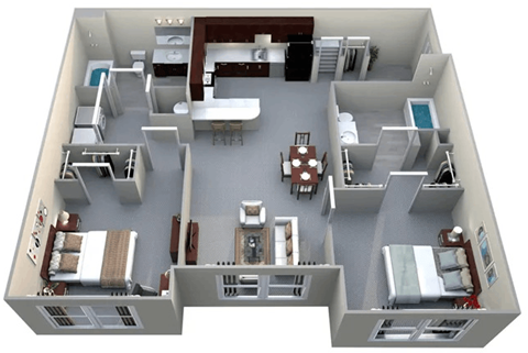Floor plan for 2 beds, 2 baths, 940 sqft